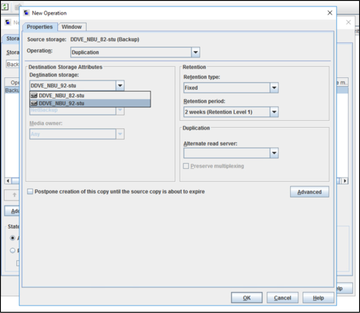 This image shows the option to configure the duplication operation and select the destination DD series Storage Unit as the destination storage.