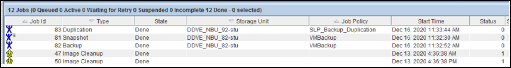 This image shows the successful backup and duplication operation has been completed using the configured source and destination DD series Storage Units