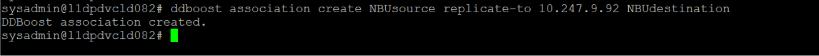The image shows the command line option to associate the source and destination storage units
