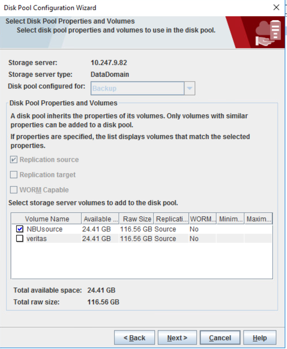 The image shows the option to create a Disk Pool and Storage Unit for the source volume on the source primary server