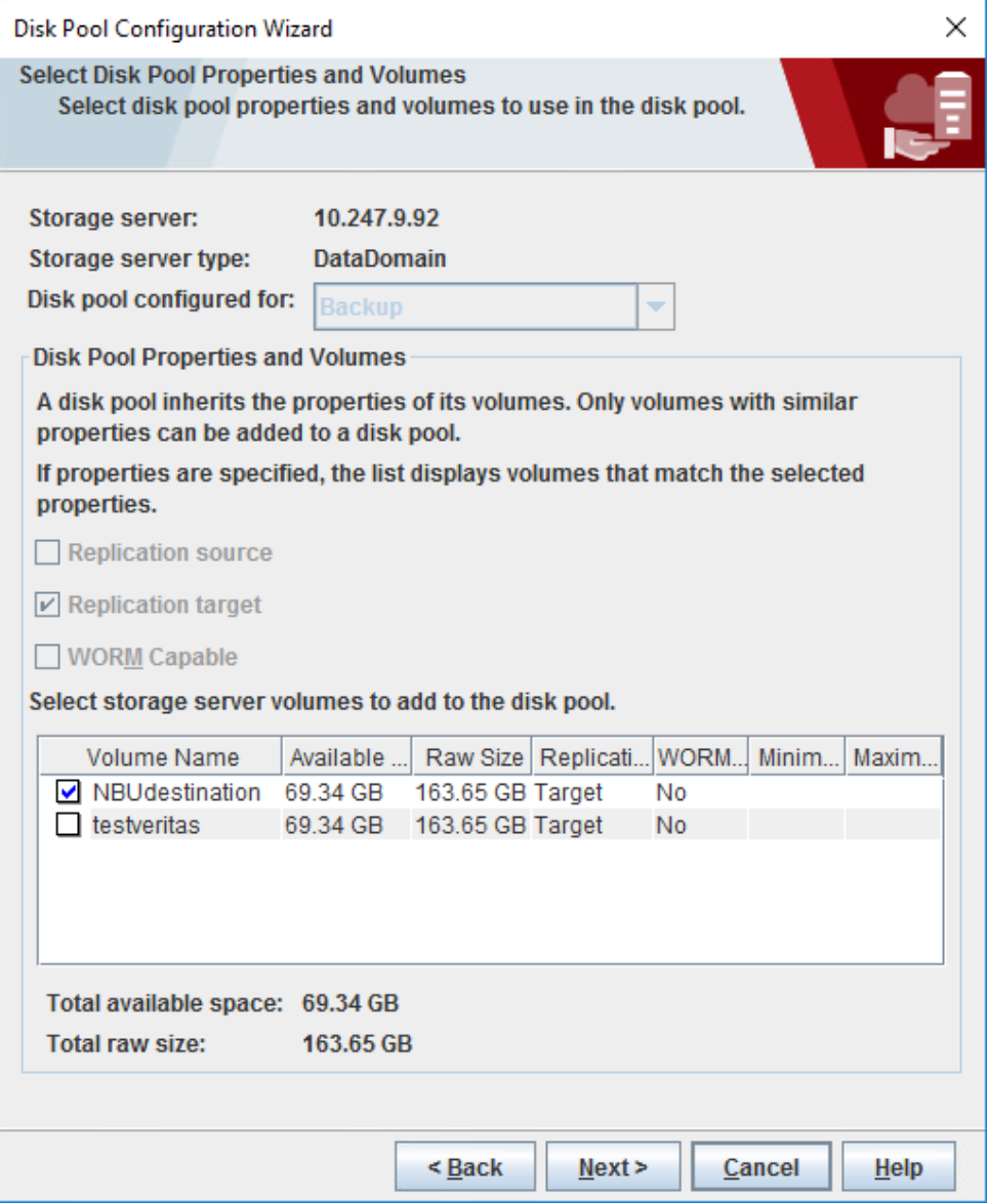 The image shows the option to create a Disk Pool and Storage Unit for the source volume on the destination primary server