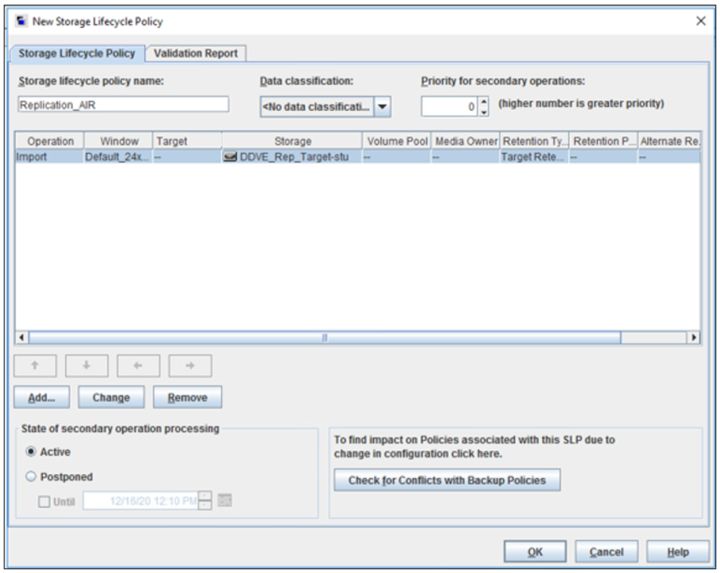 The image shows the Import operation configuration details summary and to save the SLP.