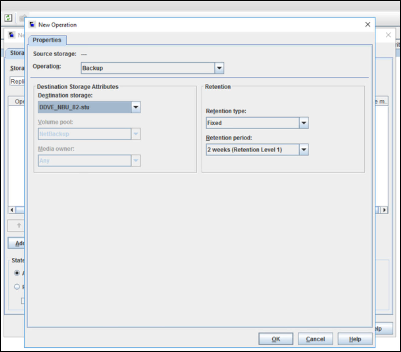 This image shows the option to create an SLP on source primary server and to add the backup operation and select the source Storage Unit as the destination storage.