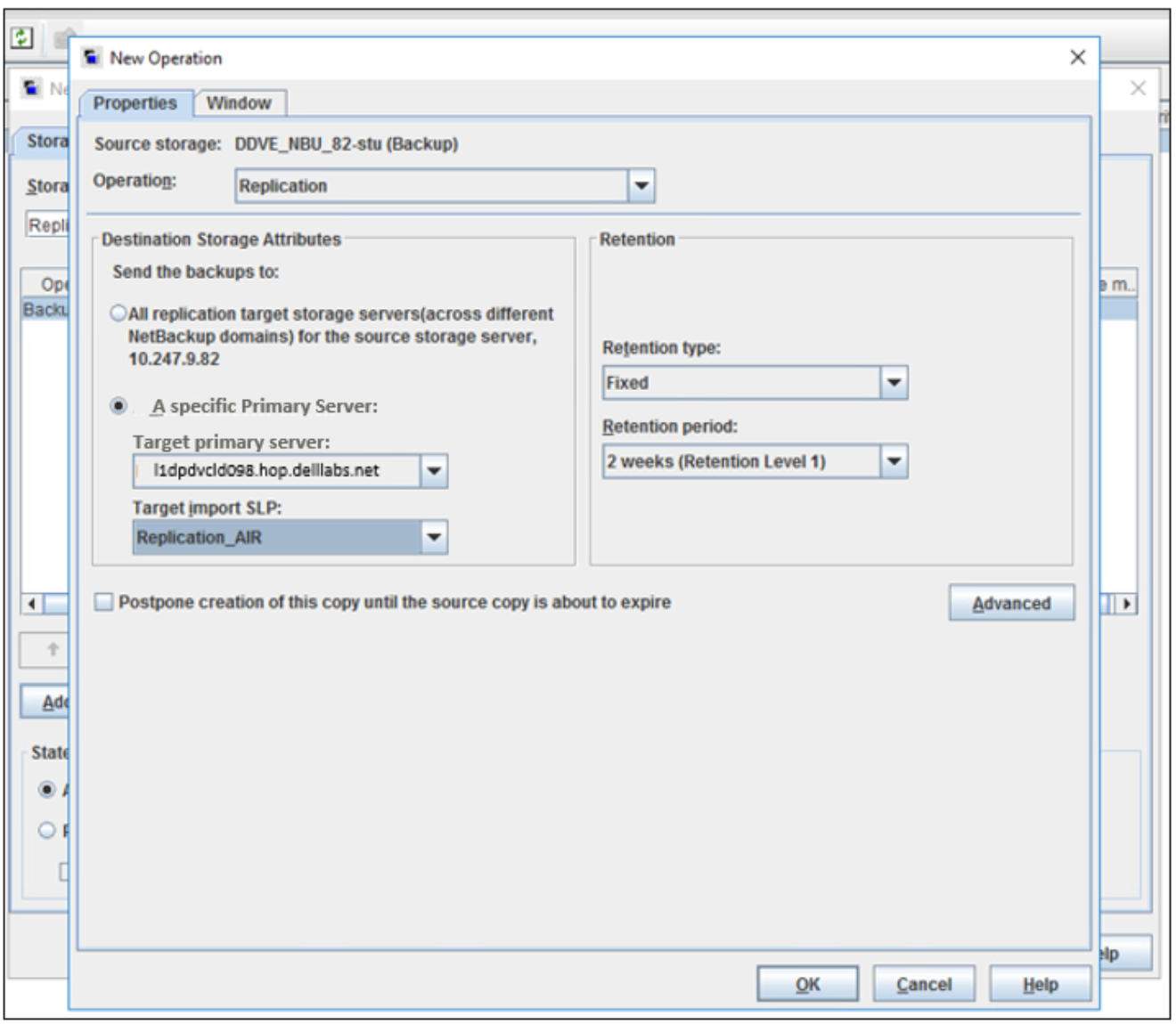 The image shows the option to add replication operation by selecting the destination NetBackup primary server and the SLP created 