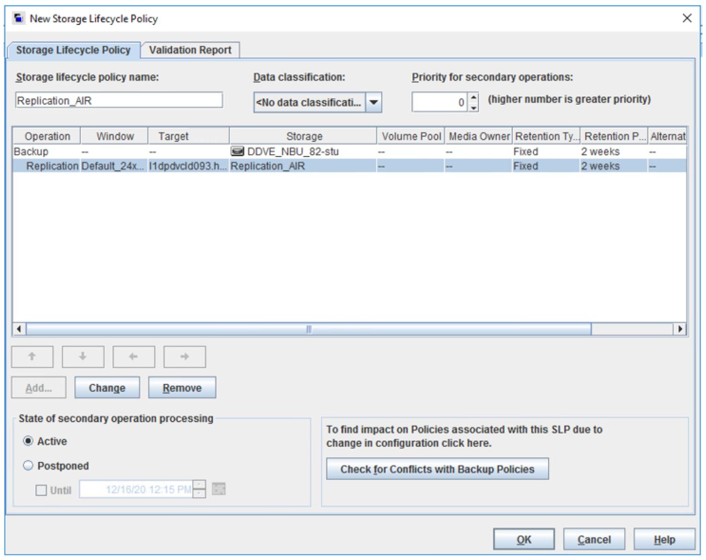 The image shows the Backup and Replication operation details and to save the SLP