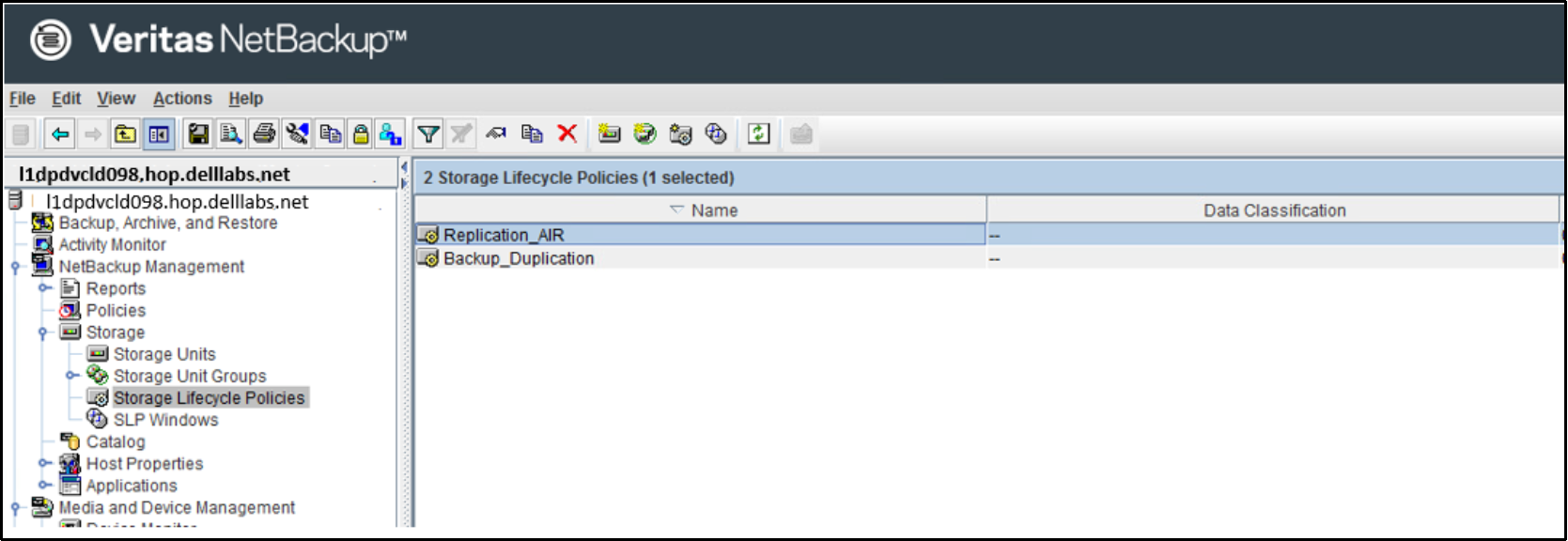 The image shows the created SLP from NetBackup console