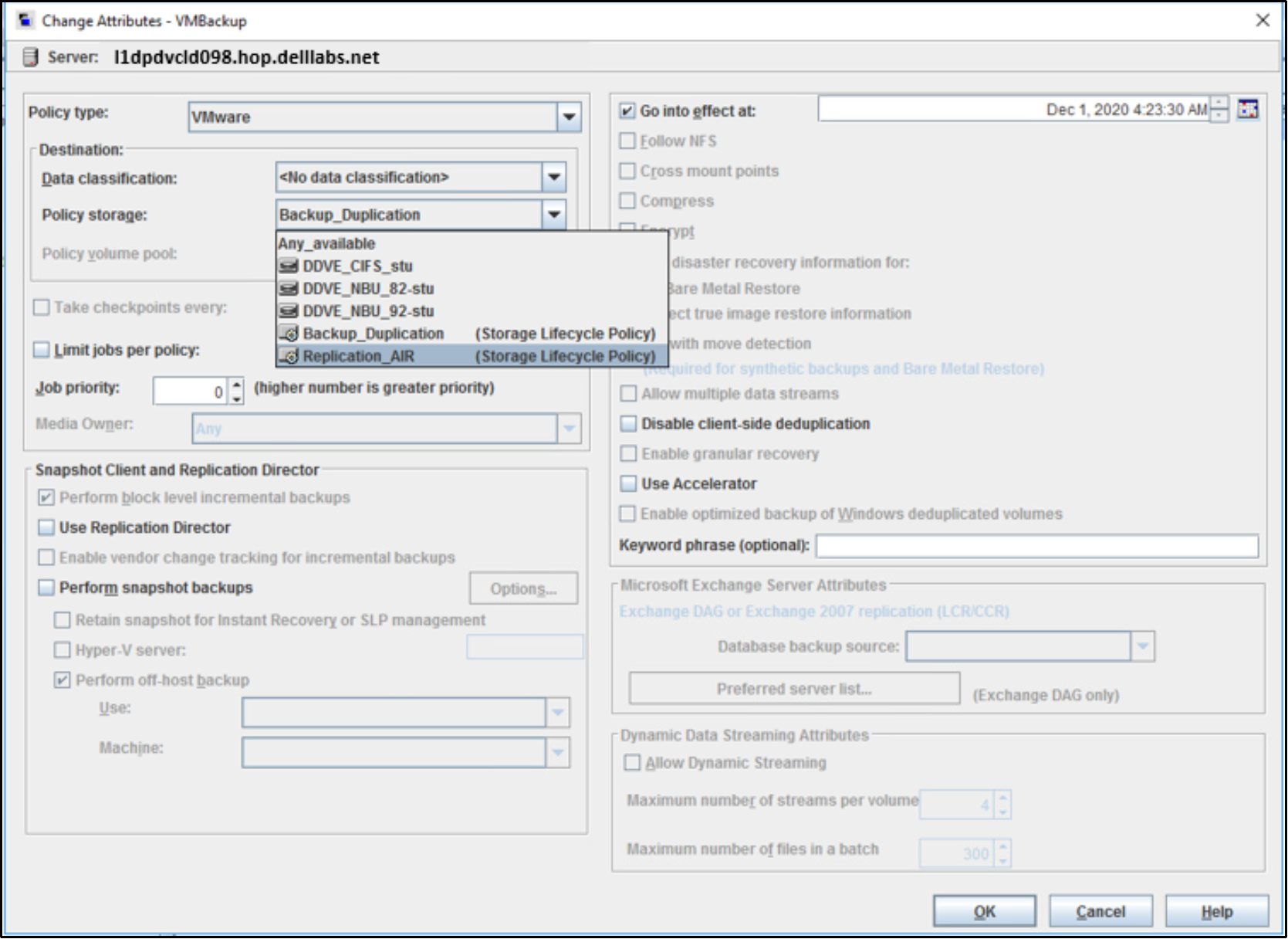 The image shows the option to select the SLP created for backup policy.