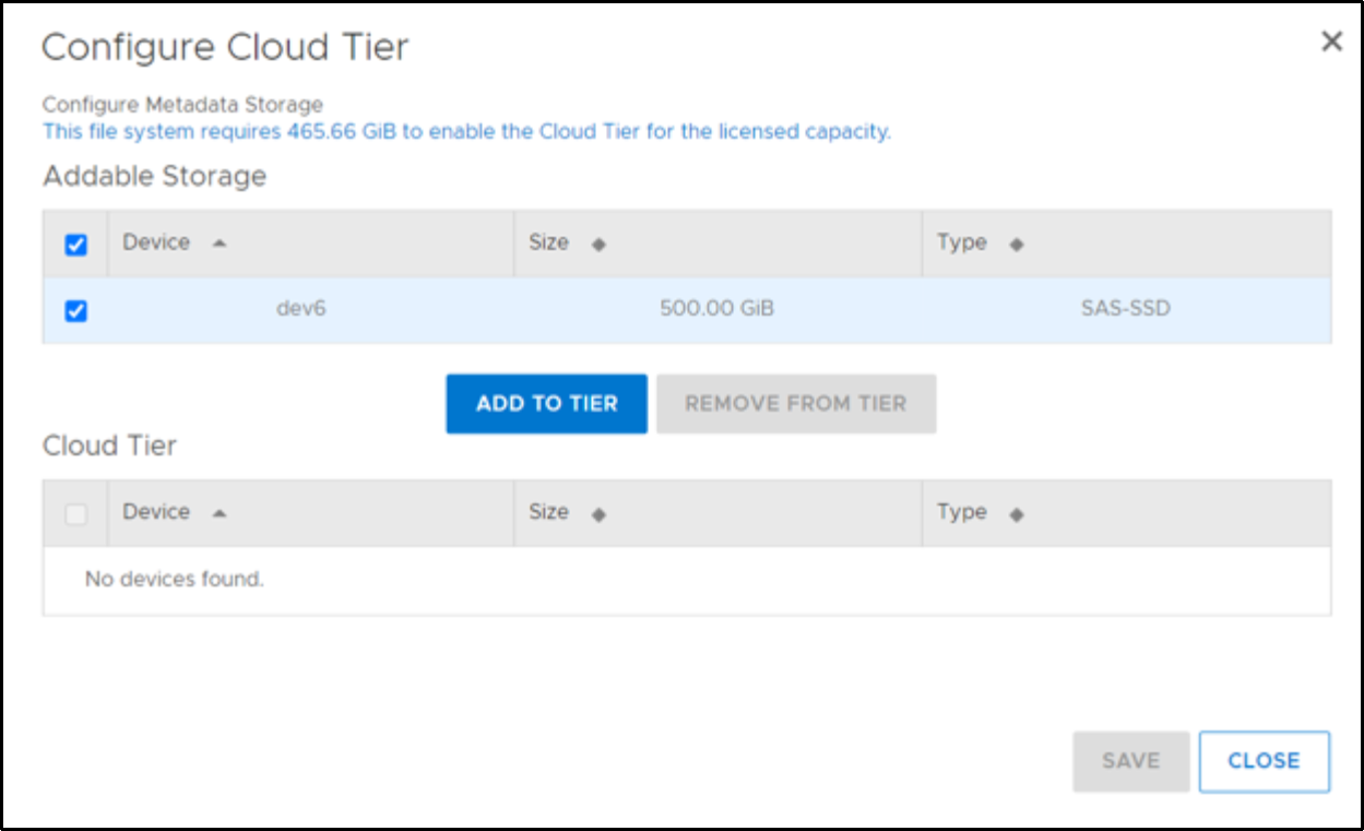 The image shows the option to add the device to Cloud Tier for Metadata Storage