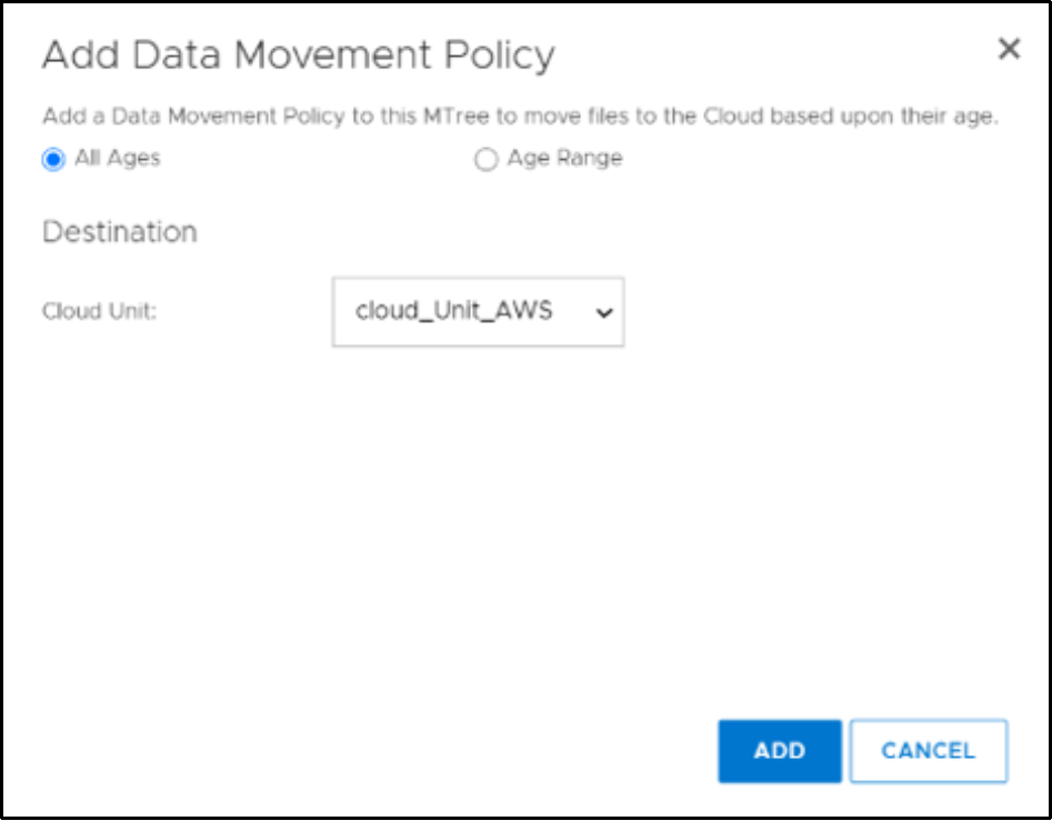 This image shows the option to configure data movement policy and to select destination Cloud Unit.