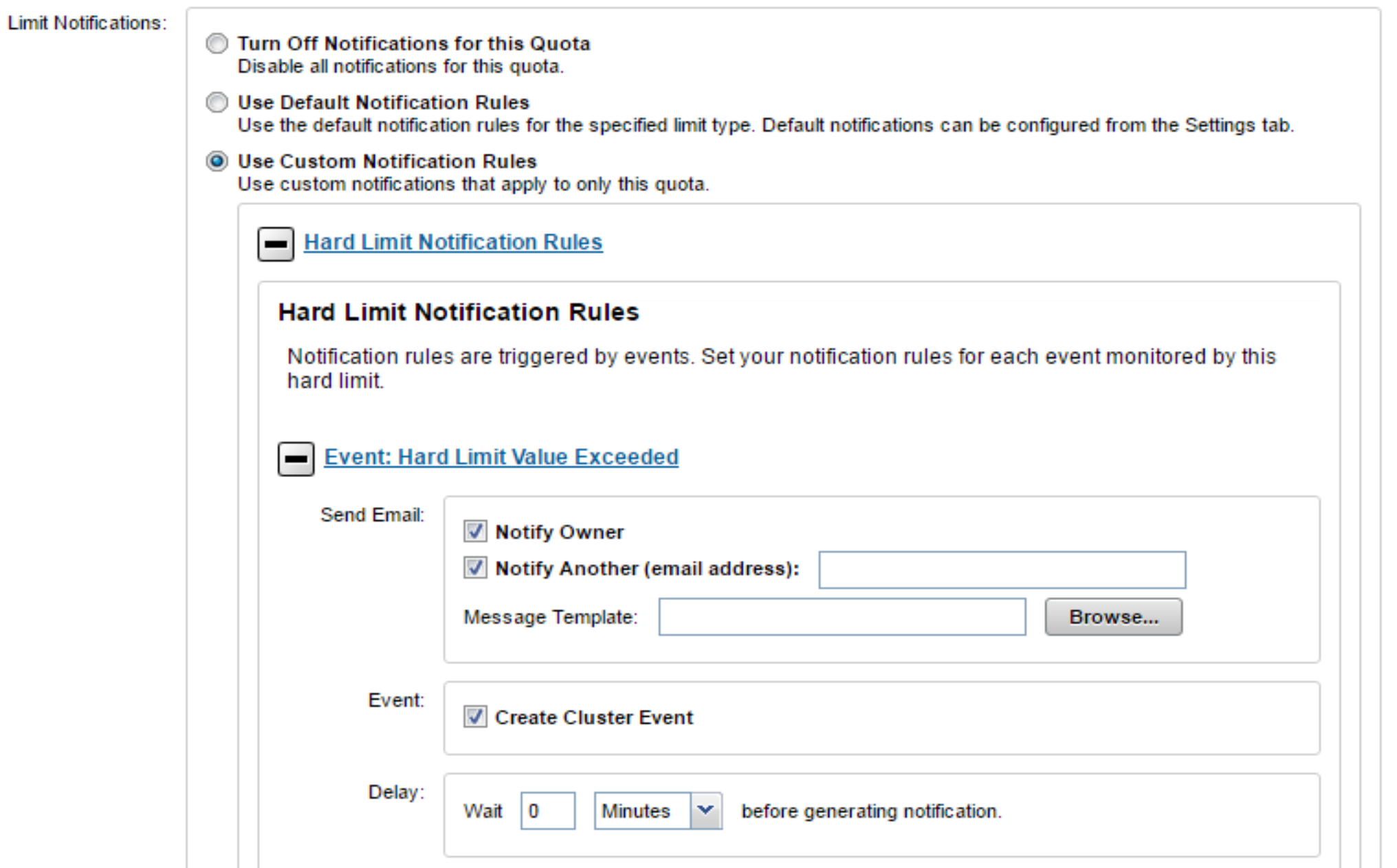 WebUI screenshot showing quota notification configuration.