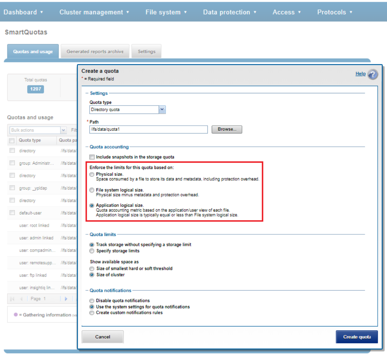 WebUI screenshot showing quota configuration accounting options.
