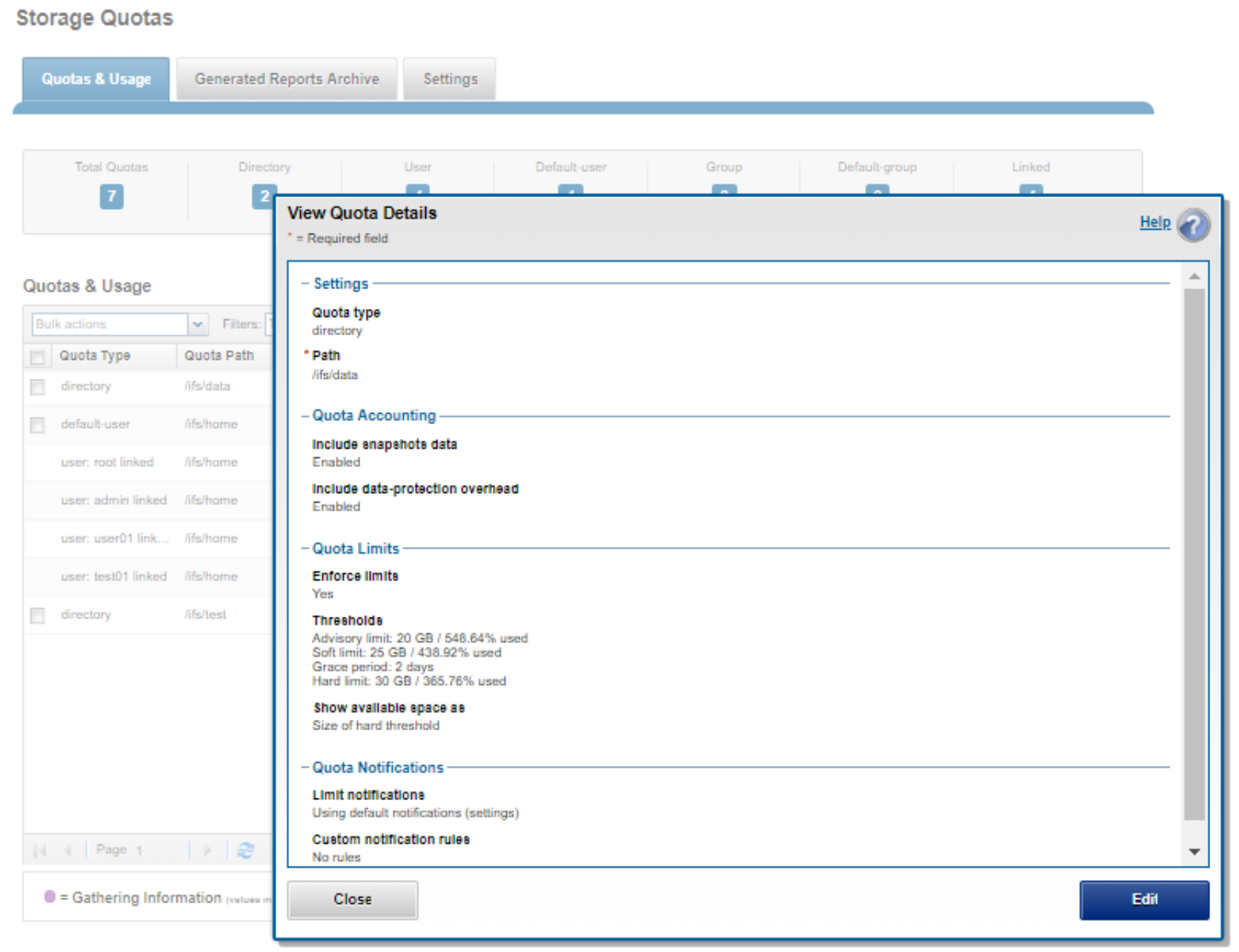 WebUI screenshot showing details of a configured quota.