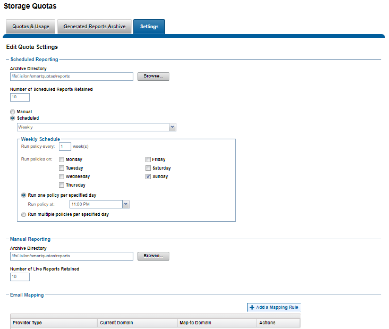 WebUI screenshot showing quota report configuration.