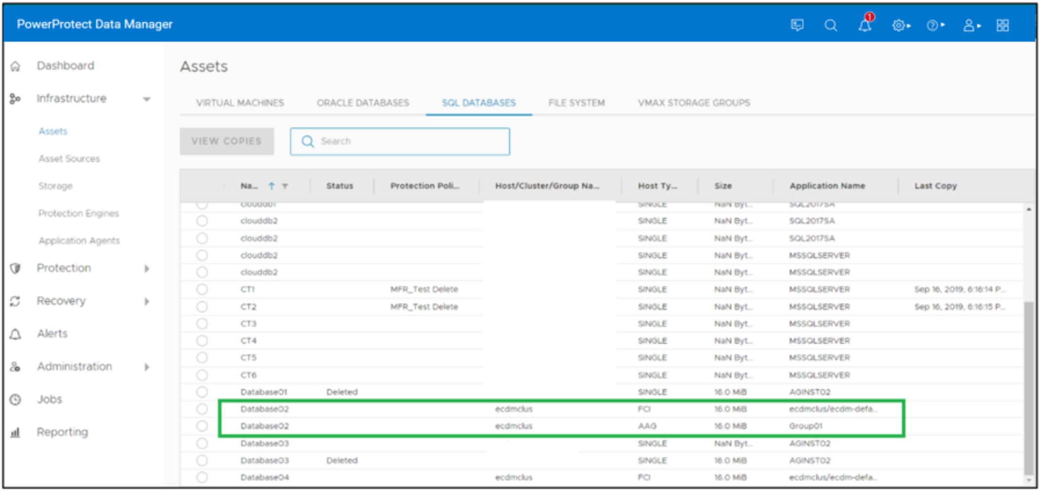The image shows the Clustered SQL AAG database discovery in Data Manager UI.