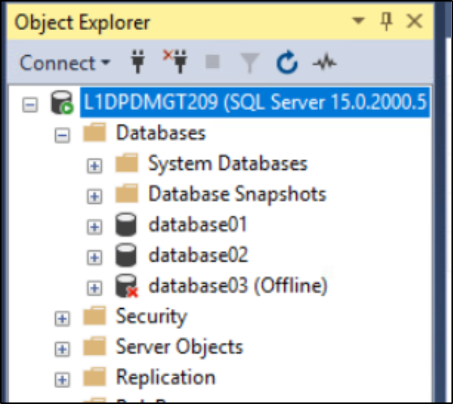 The image shows SSMS explorer where SQL Server has two online databases and one offline database.