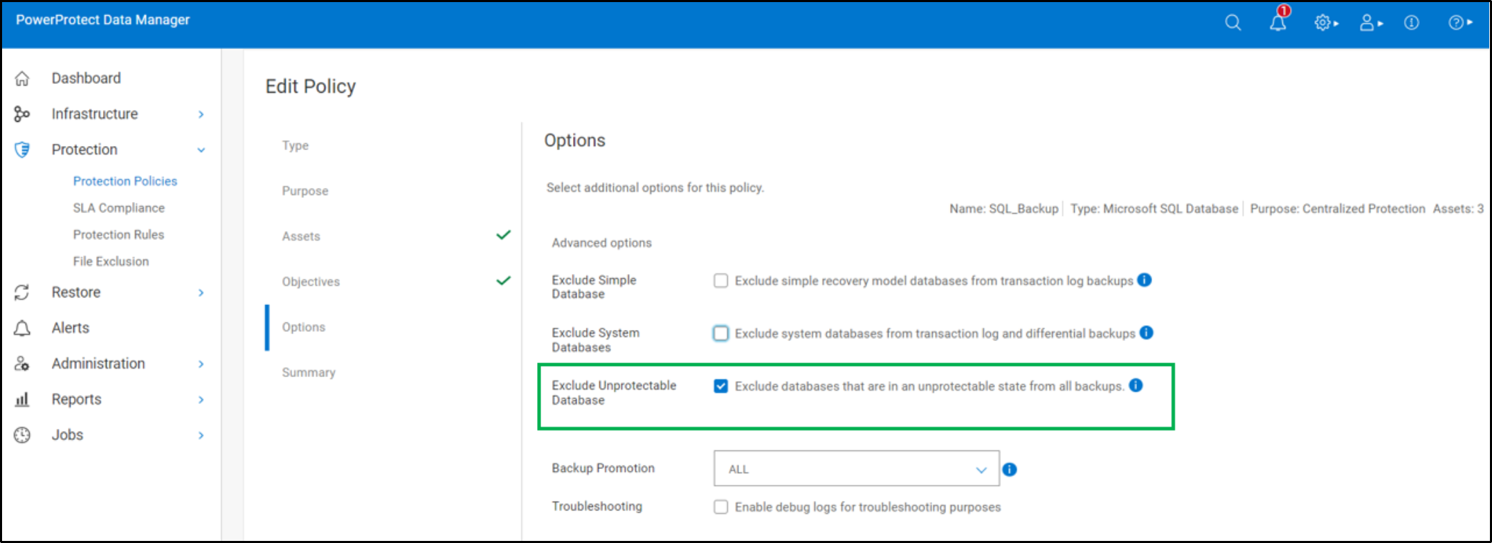 The image shows the protection policy option to exclude unprotectable Databases from backup.
