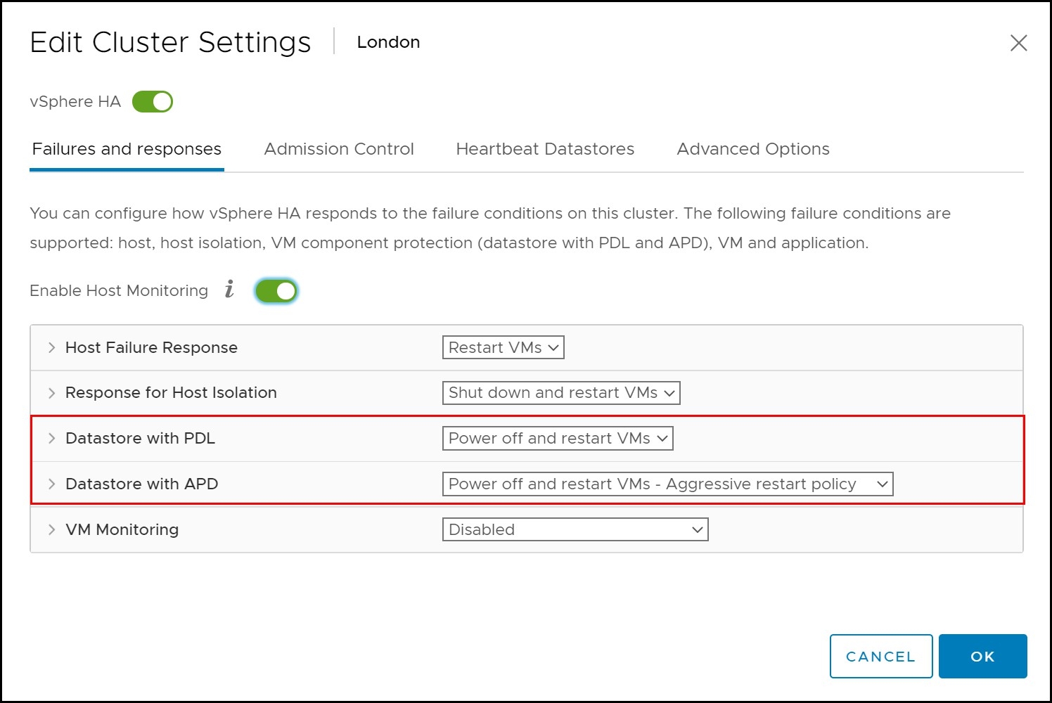 Figure 55. Storage and VM settings for VMCP in the vSphere Client 