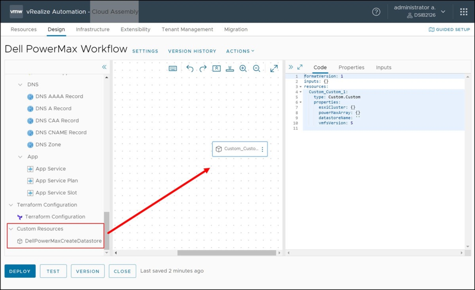 Figure 92. Using Dell PowerMax workflow in a Cloud Template 