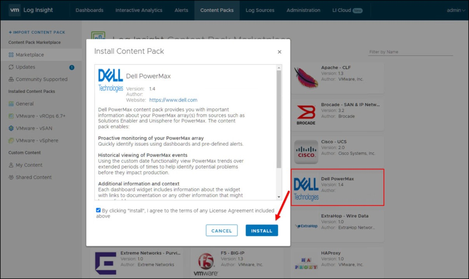 Figure 94. Log Insight Content Pack Marketplace 