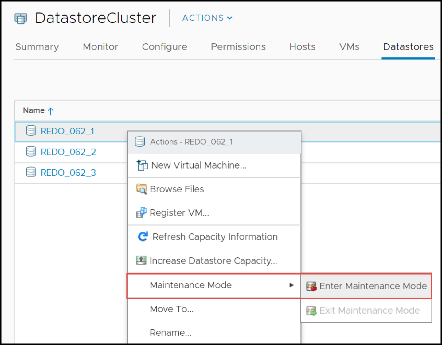 Figure 141. Putting a datastore in maintenance mode in SDRS   