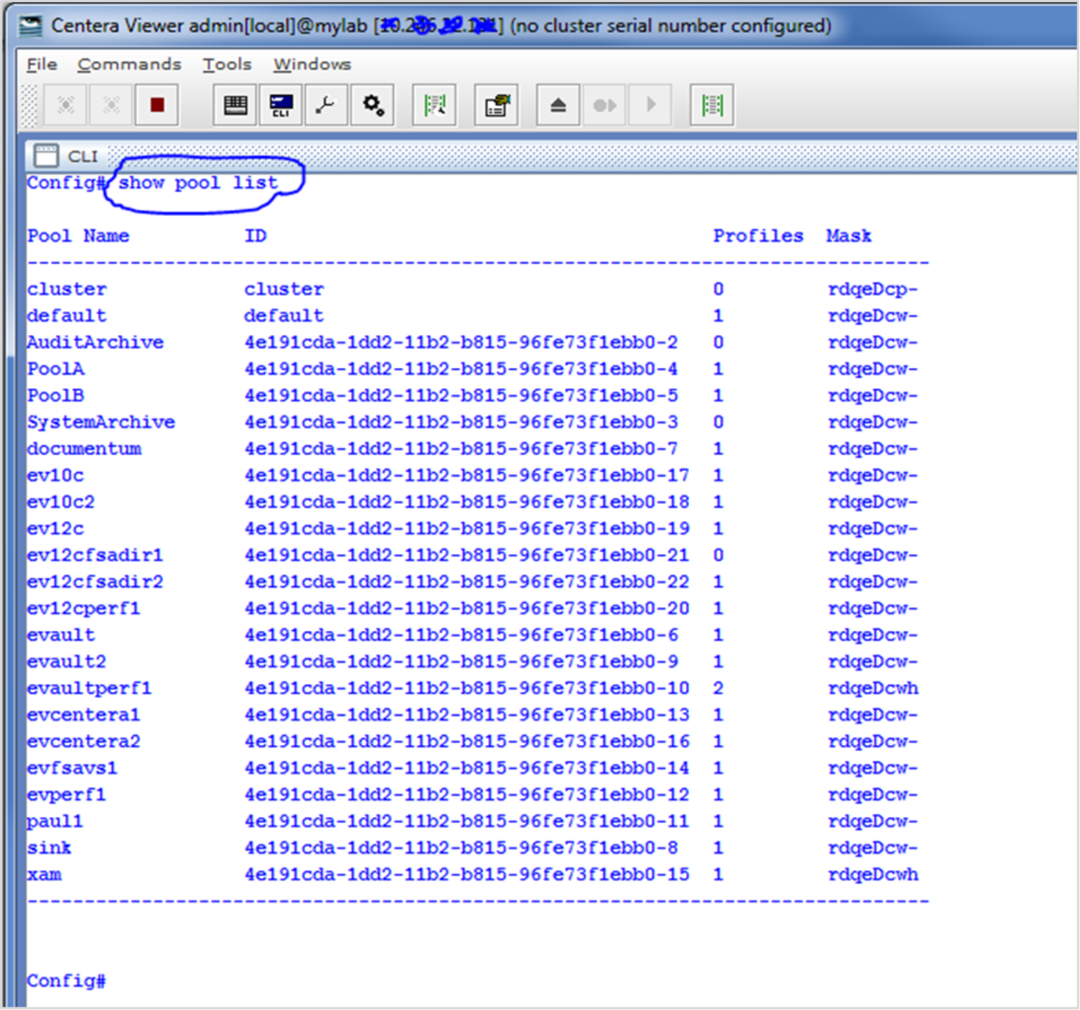 This figure shows example output when using the Centera viewer tool to show the list of pools on the Centera