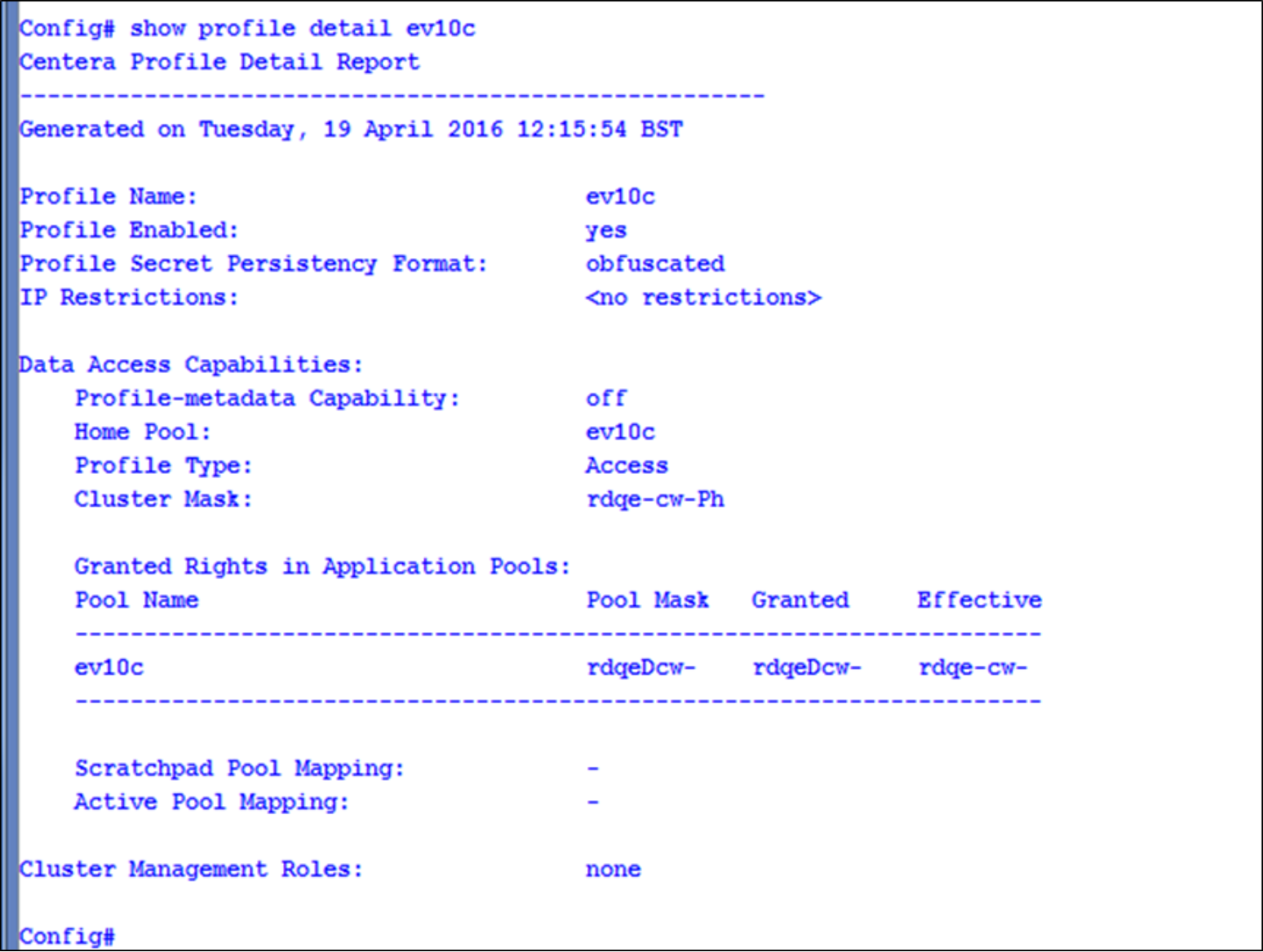 Shows example output from the CenteraViewer tool, showing detailed information of a particular profile