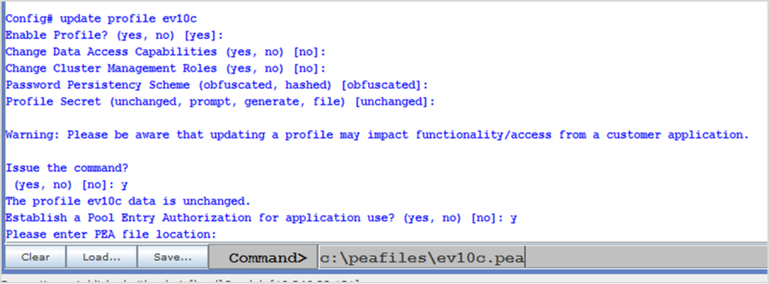 Shows output from the Centera viewer update profile command to generate a PEA file for a particular profile.