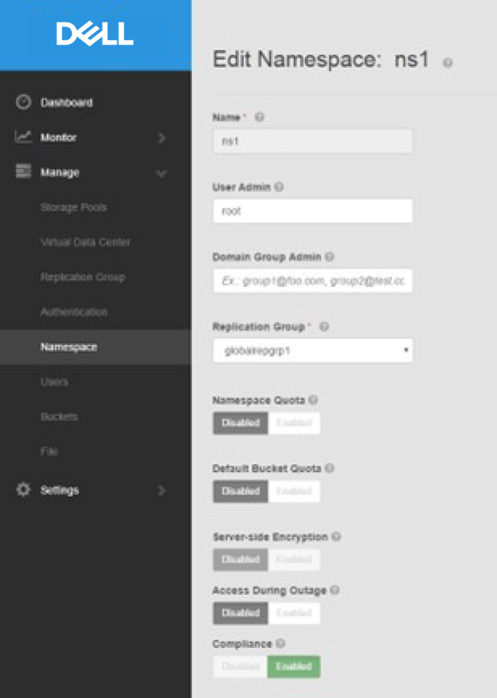 A screenshot of the ECS Management UI showing details of a Namespace.