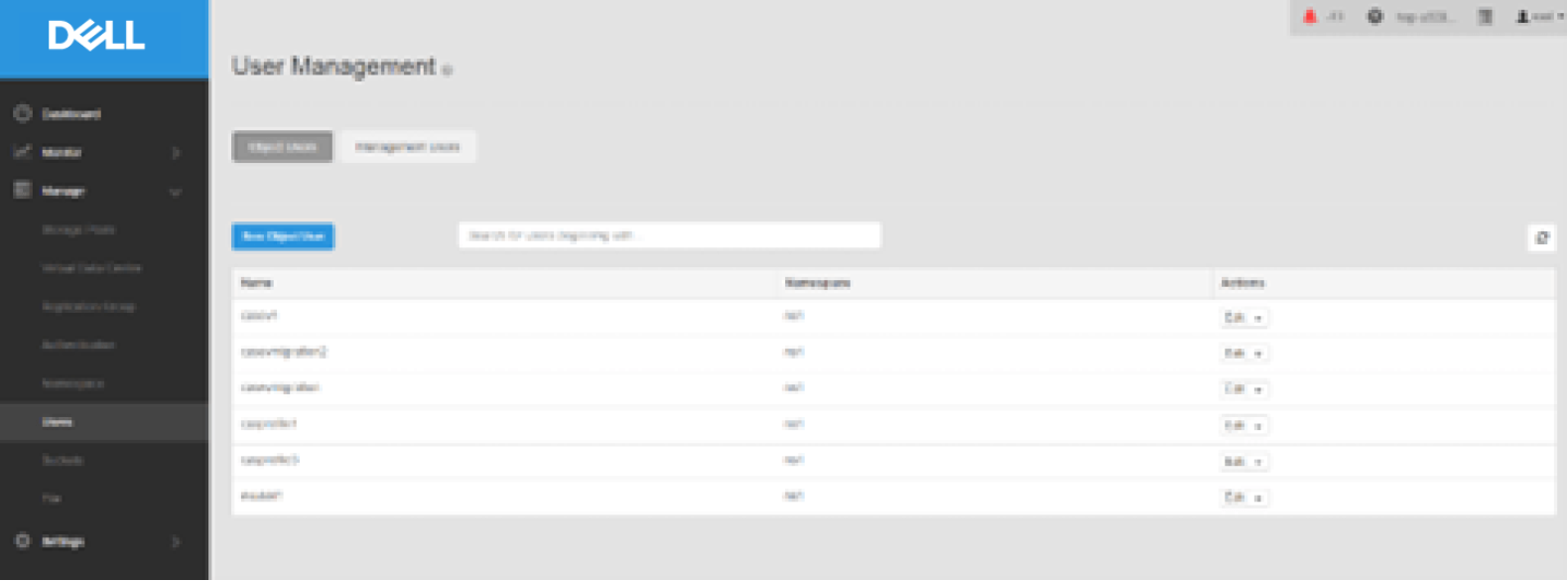 A screenshot of the ECS Management UI showing the list of users.