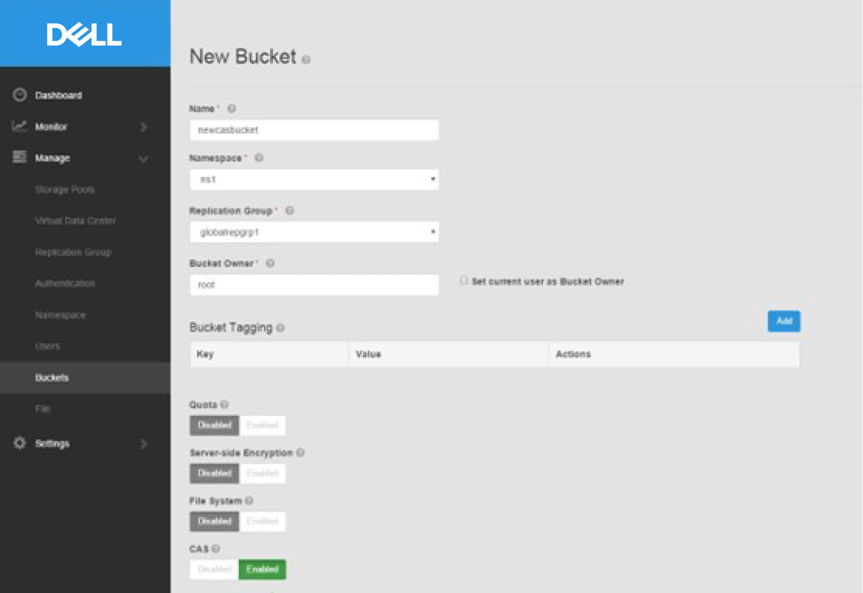 A screenshot of the ECS Management UI showing details for a new bucket to be created.