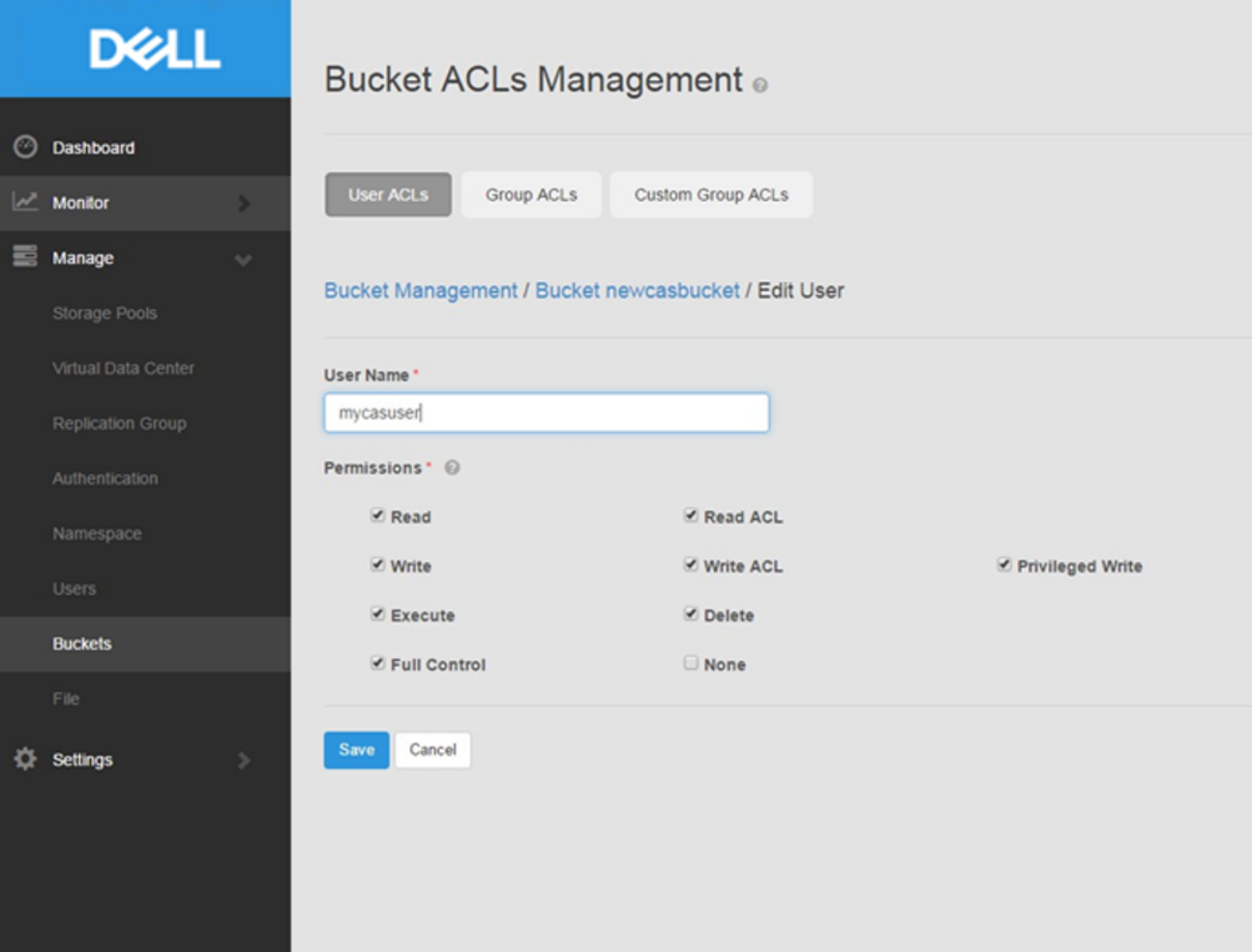 A screenshot of Bucket ACLs Management in the ECS Management UI