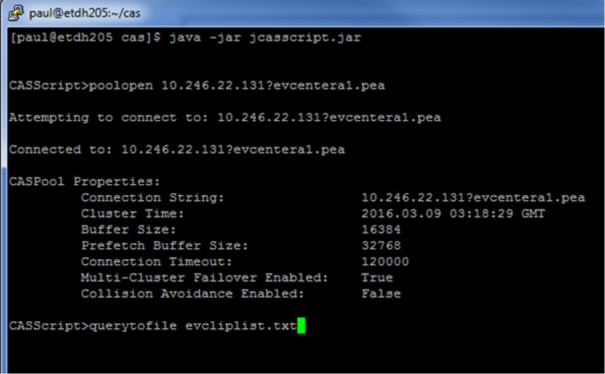 Example of using the tool jcasscript.jar to export a list of content addresses of Centera C-Clips