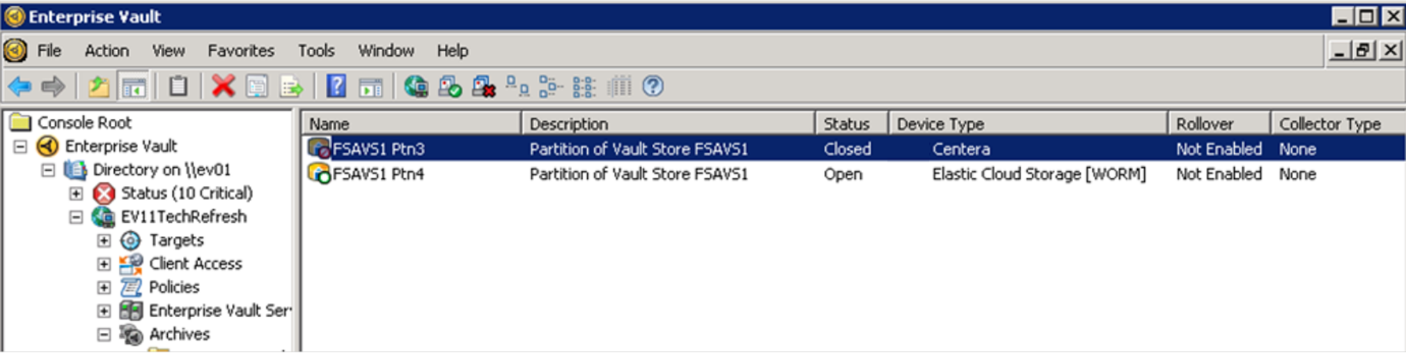 A screenshot of the EV management UI showing the list of EV partitions