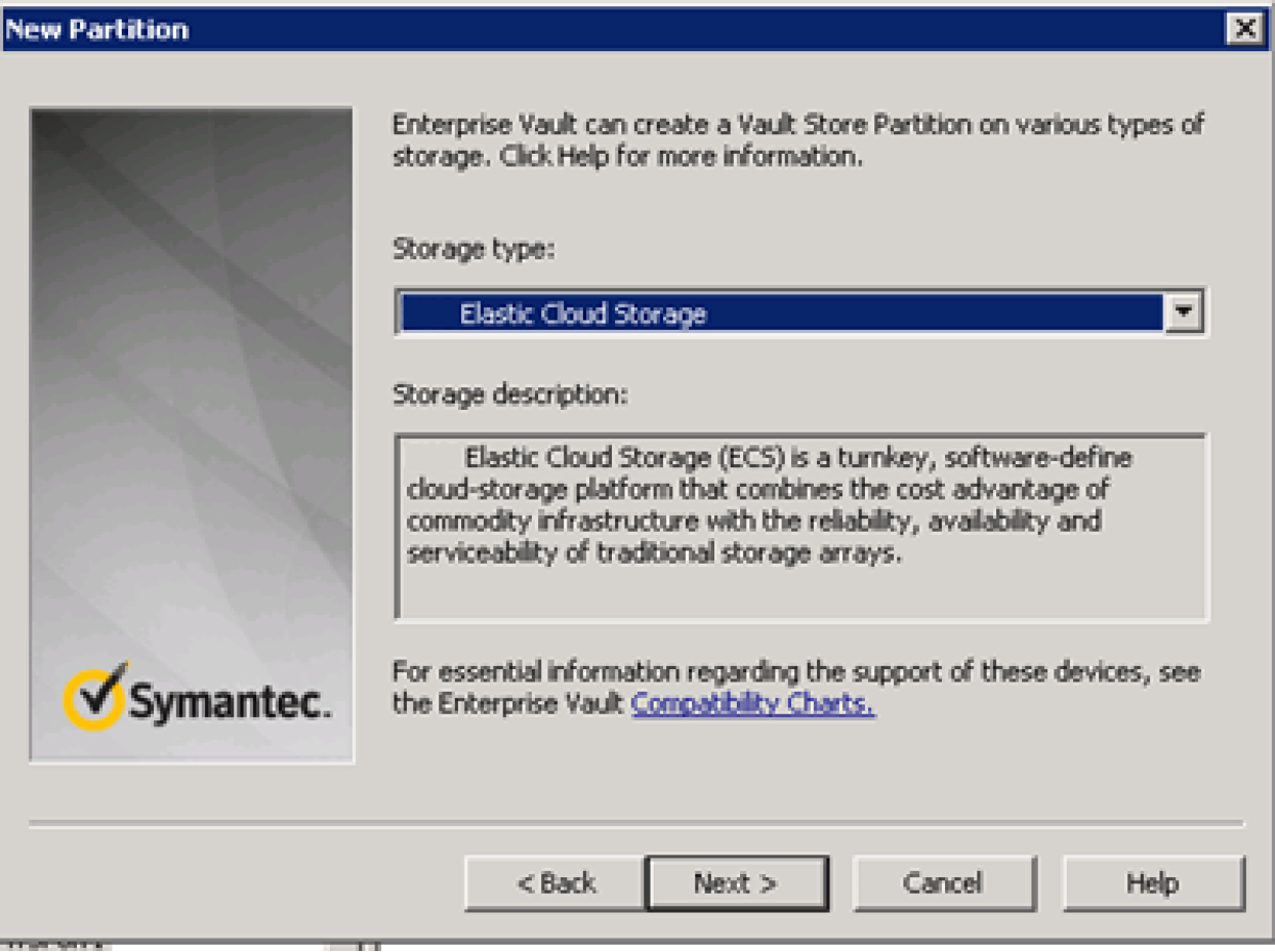 A screenshot of the EV management UI creating an EV Partition of Dell ECS