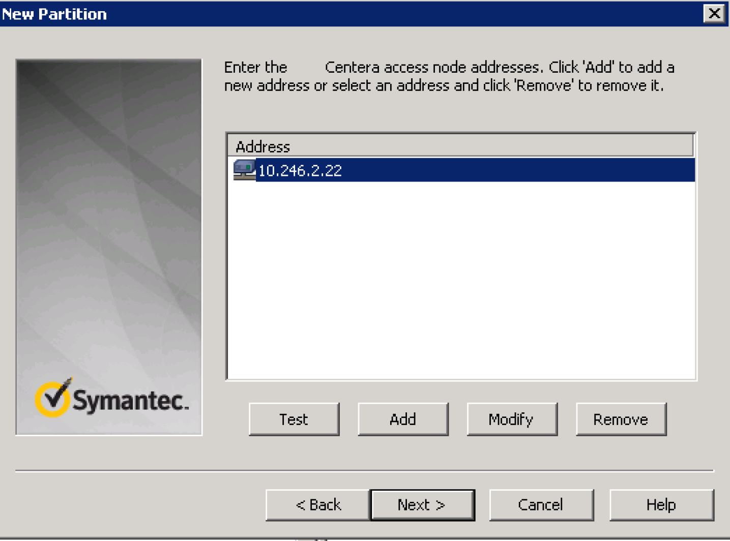 The EV management UI detailing the Centera IP address