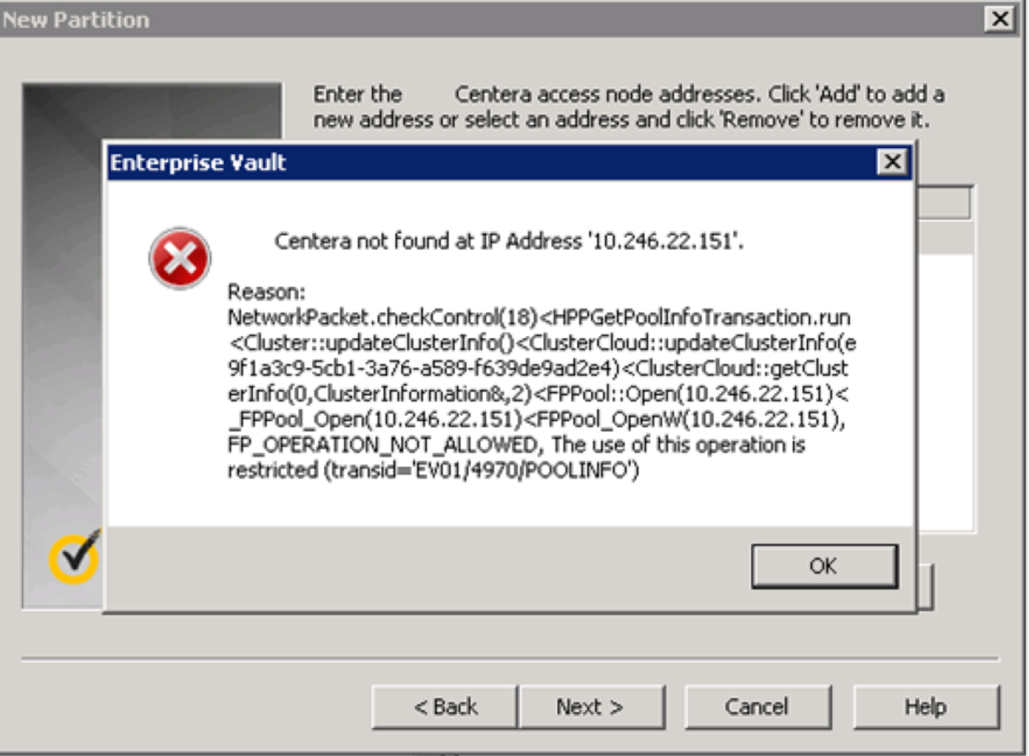 Screenshot of the EV management UI connection attempt of the CAS API to the ECS. This error is a false error and can be ignored.