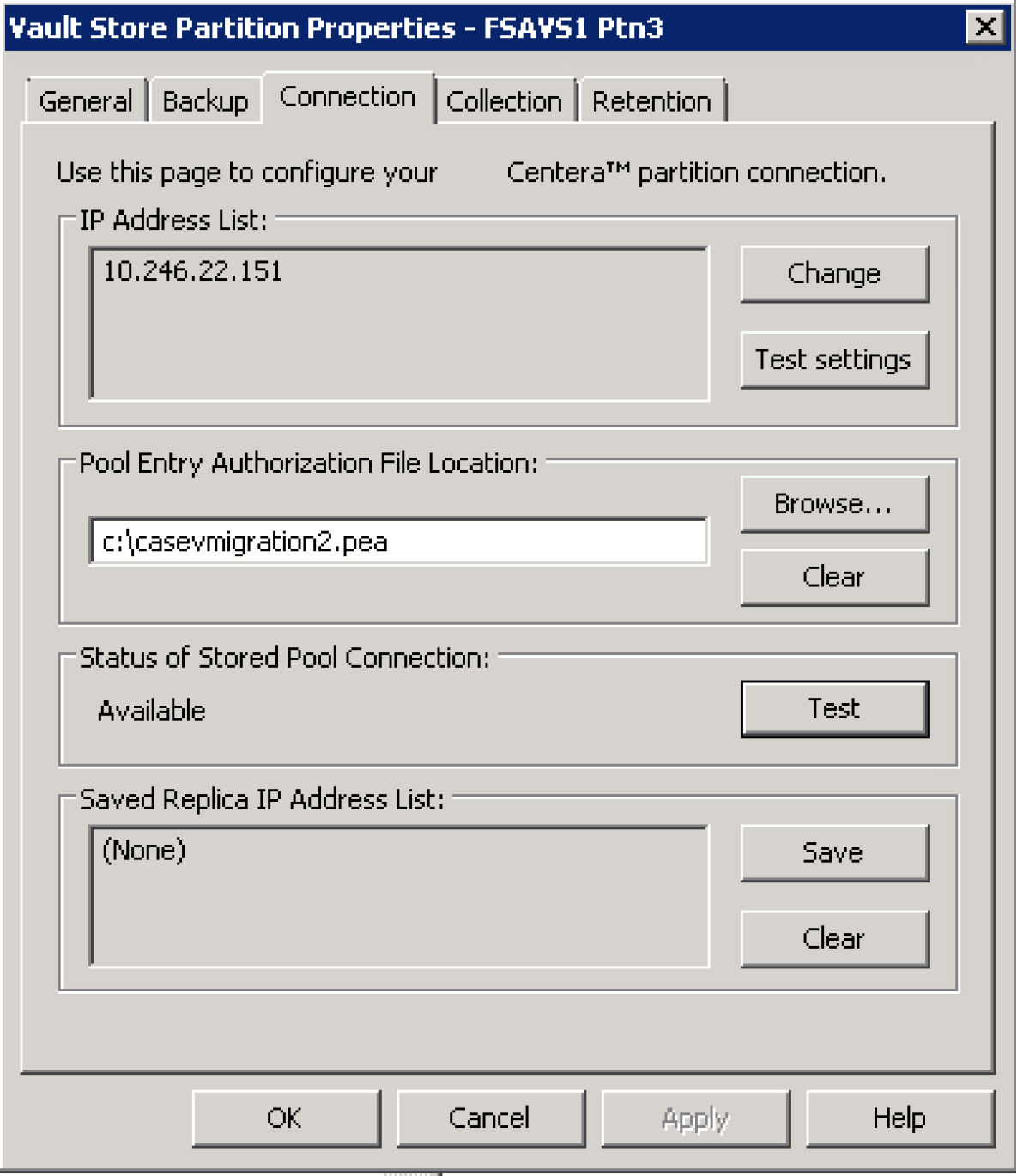 Screenshot of the EV management UI showing the connection details for a Centera partition