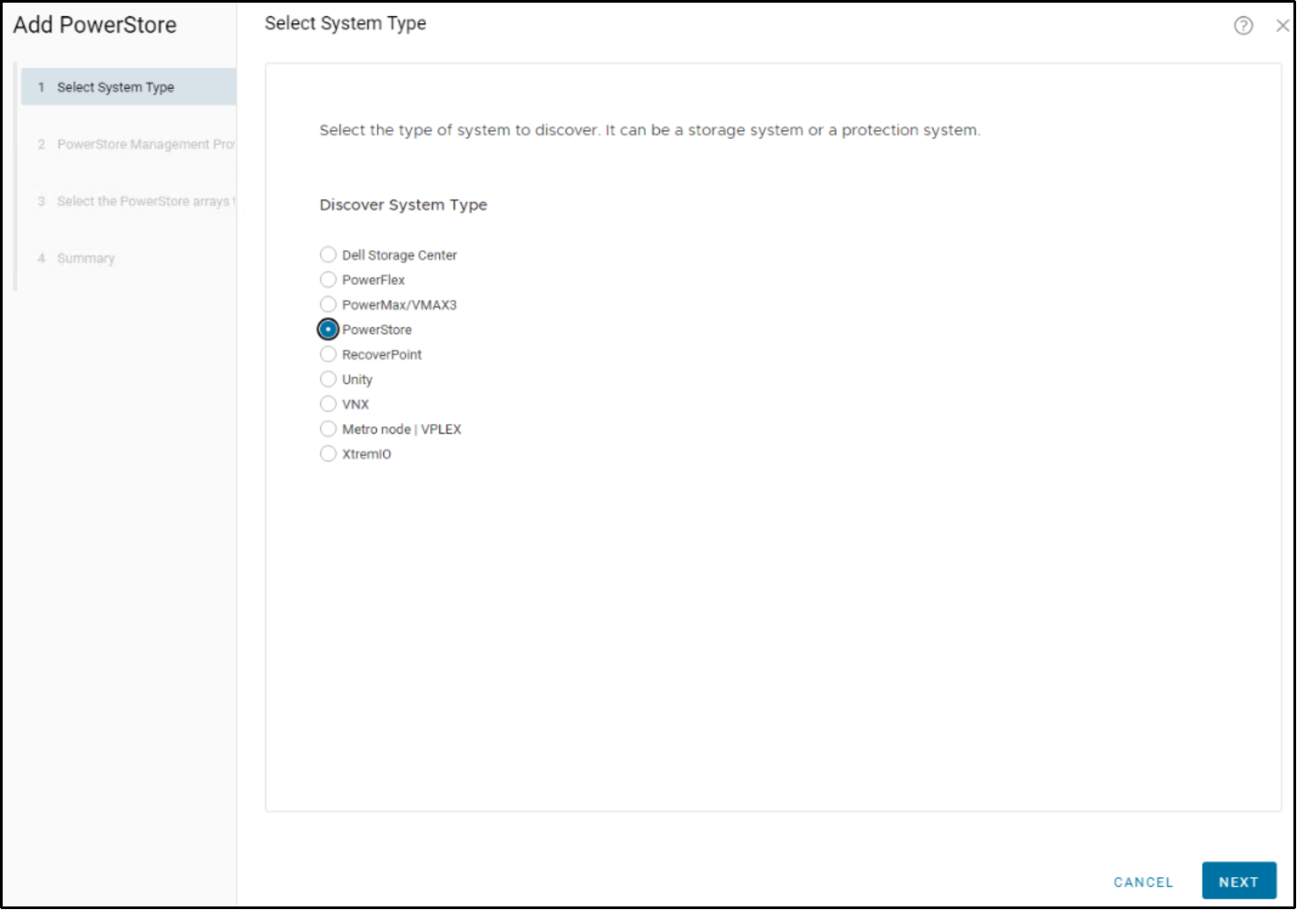 This shows selecting and adding the PowerStore system type in AppSync. 