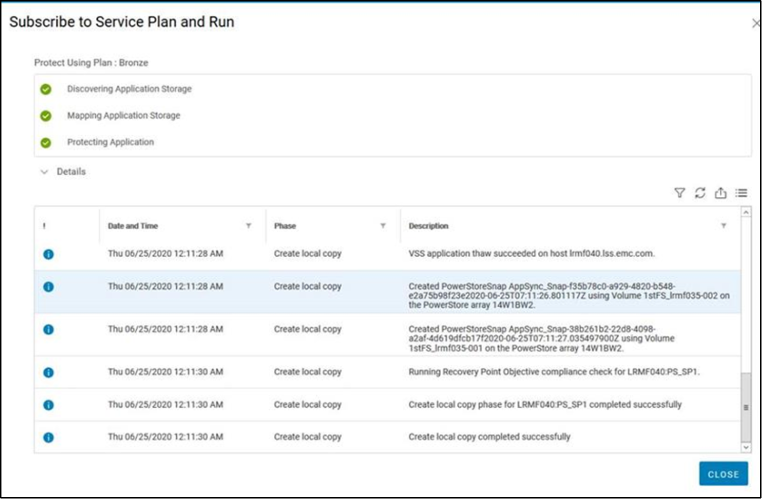 This shows an Oracle bronze service plan event dialog screen.