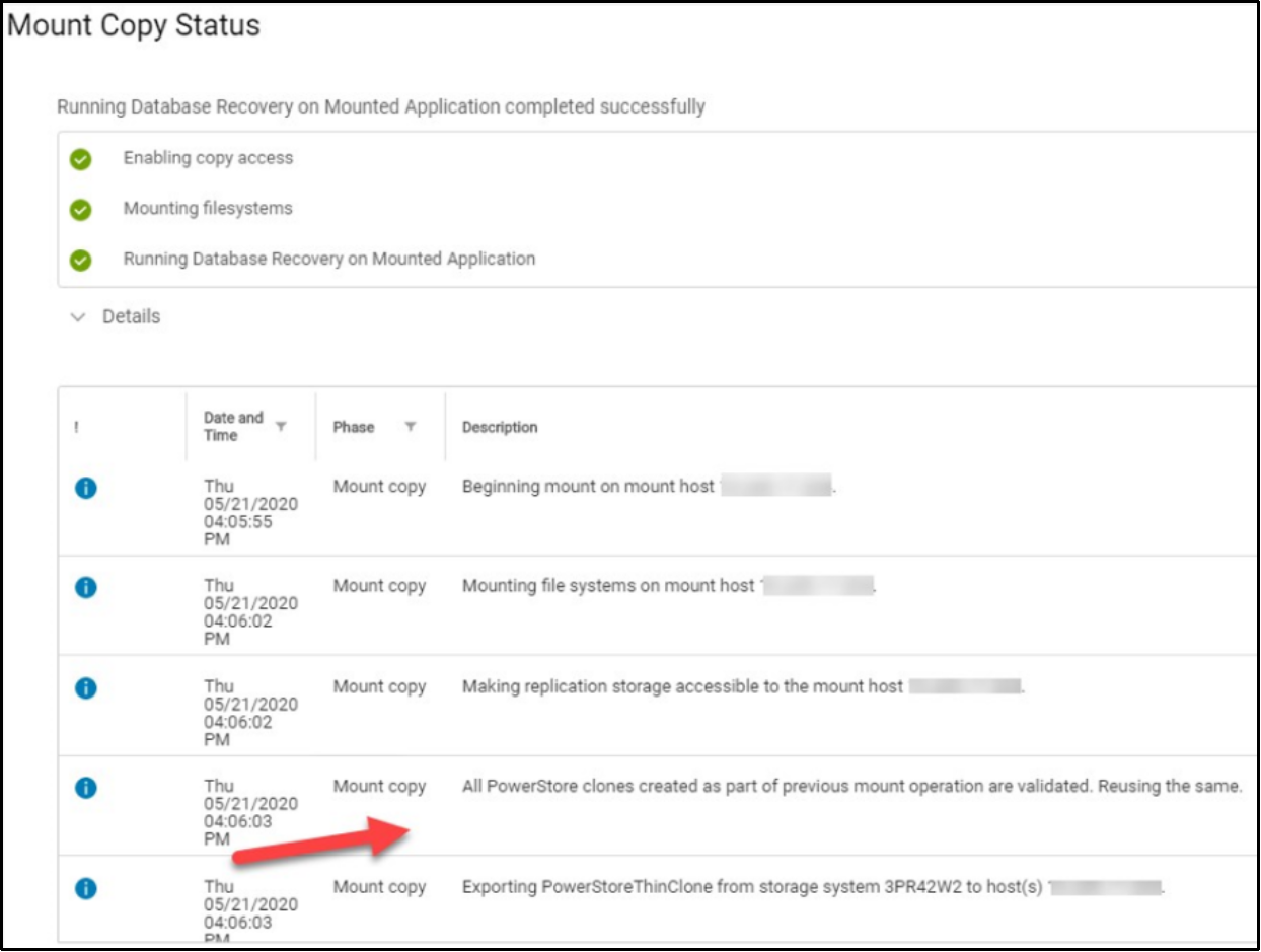 This shows the output of mounting and recovering a Microsoft SQL database in AppSync.