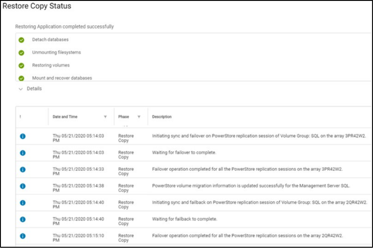 This shows restoring a remote Microsoft SQL server copy operation. 