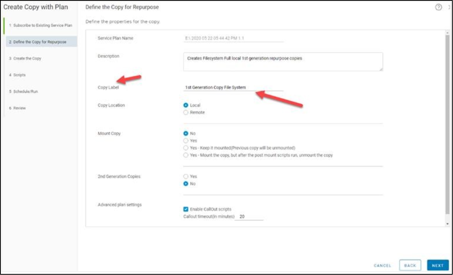 This shows filesystem repurposing copy options.