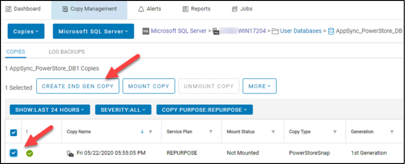 This shows the Create 2nd Gen Copy button in AppSync for a SQL Server copy. 