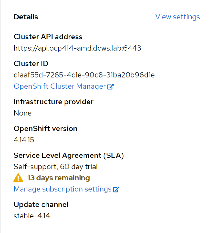 A screenshot of the OpenShift Cluster Manager showing details such as the cluster API address, cluster ID, and OpenShift version. 