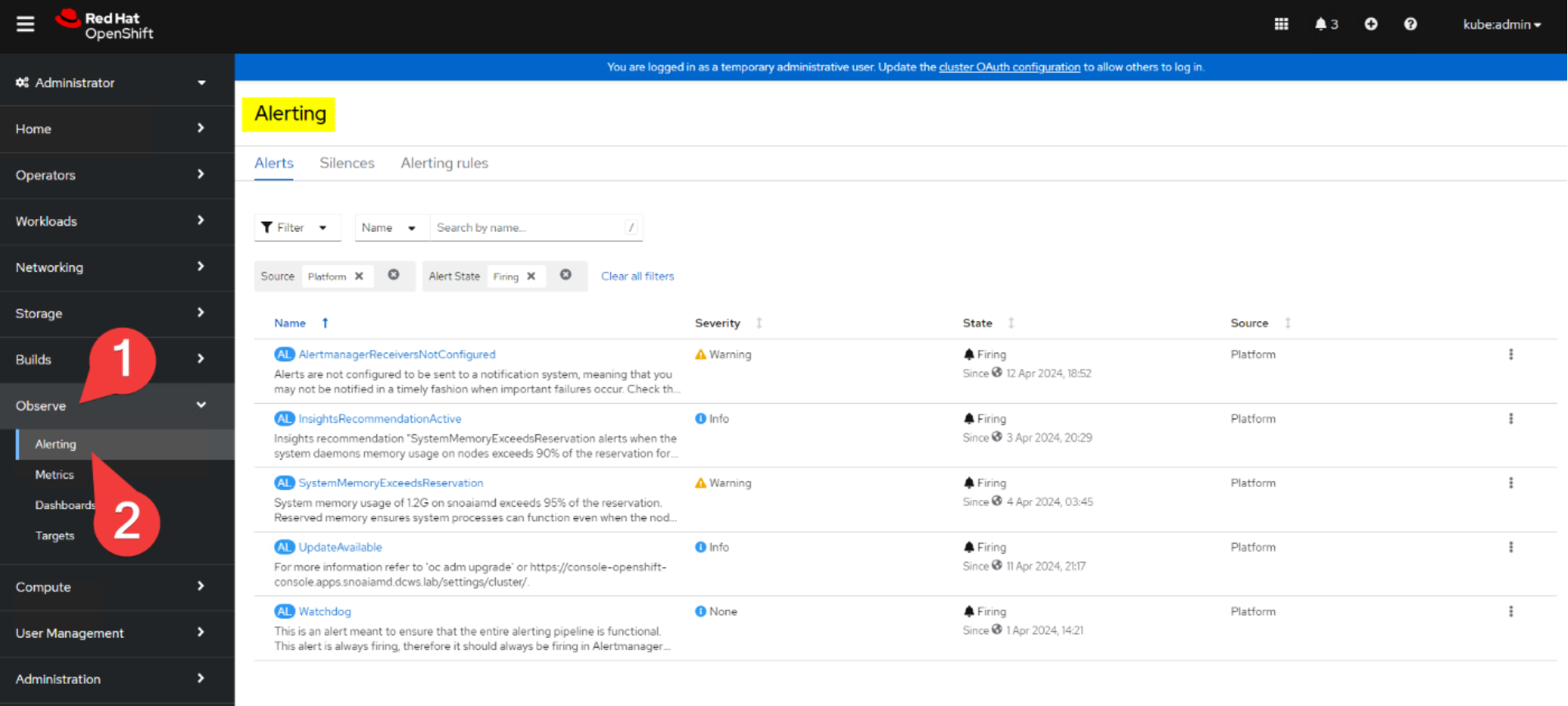 A screenshot showing OpenShift cluster alerts 