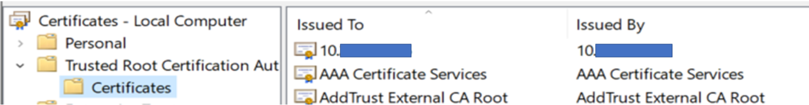 This shows an example of a successful imported certificate.