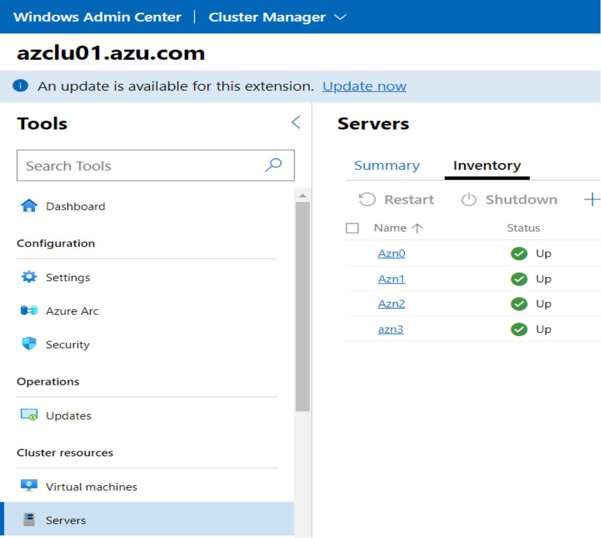 This image shows the dashboard view for the WAC cluster manger when Azure Stack HCI is registered successfully 