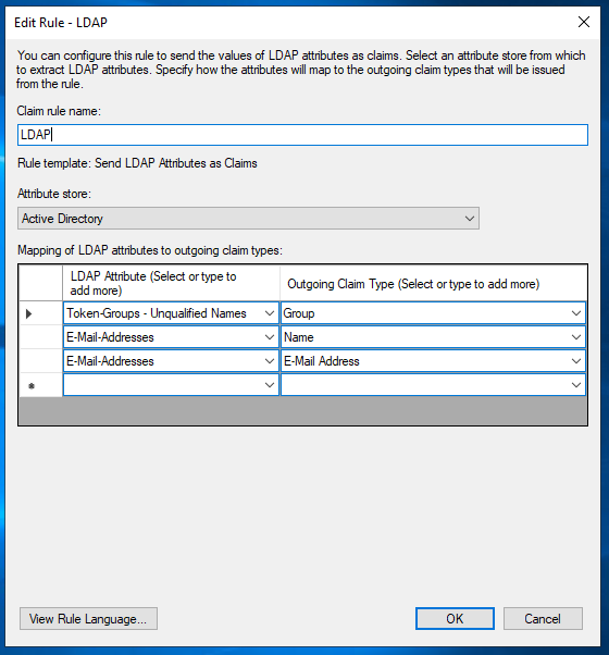 Example of AD FS Claim Issuance Policy using the LDAP attributes claims template
