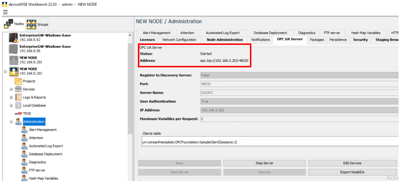deviceWISE - enable OPC UA Server