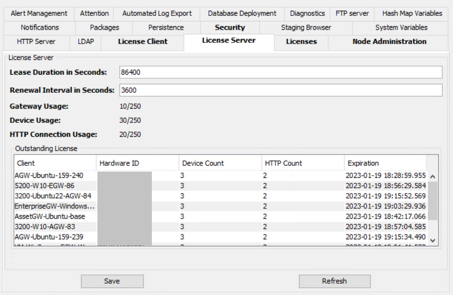 Example view of the License Server configuration tab of a license server node